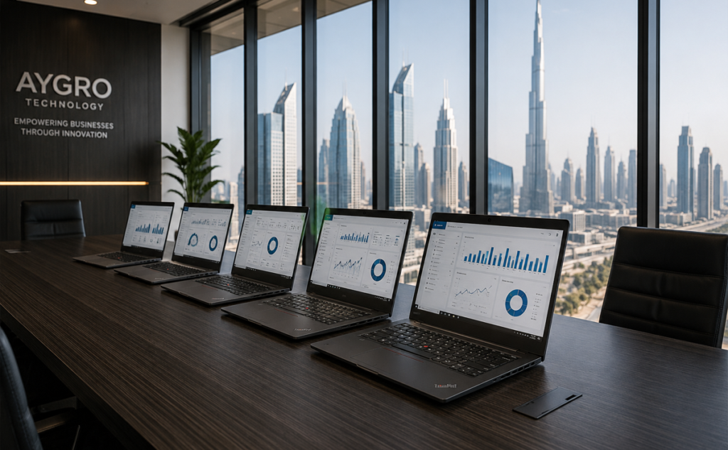 A rows of premium enterprise office laptops aligned on a boardroom table in a corporate Dubai office