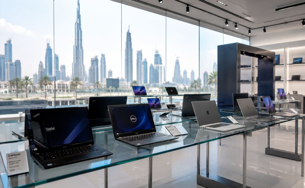 A skilled hardware technician running extensive diagnostic tests on a pre-owned laptop.