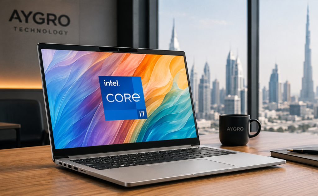 Premium Intel Core i7 laptop open on an office desk with a blurry view of the Dubai skyline in the background