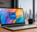 Premium Intel Core i7 laptop open on an office desk with a blurry view of the Dubai skyline in the background
