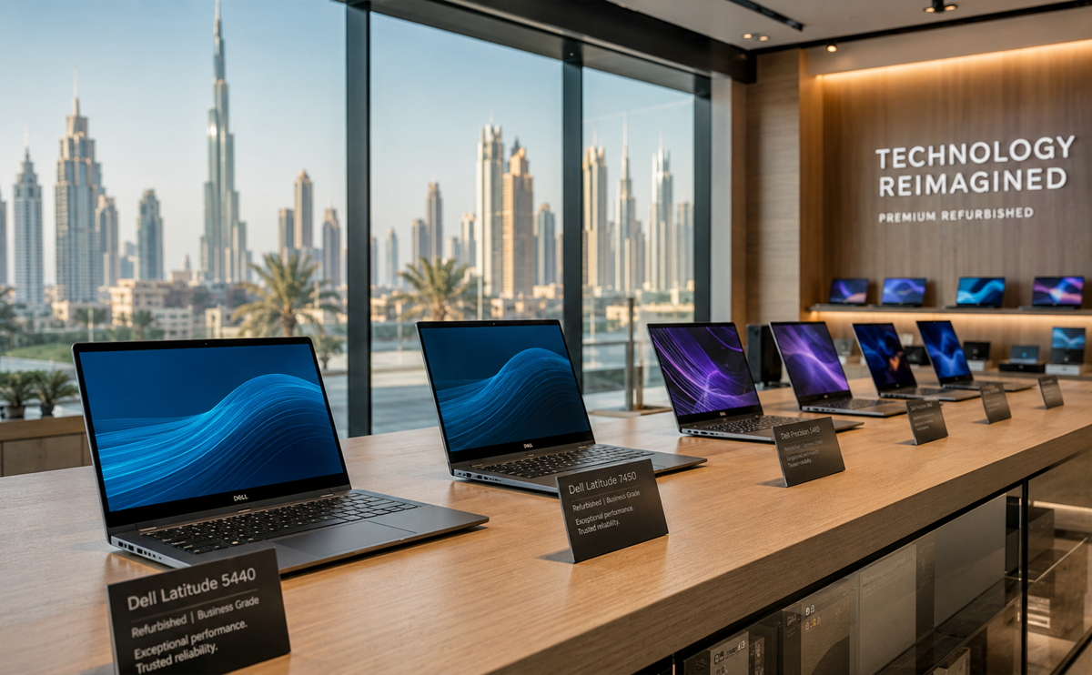 Premium refurbished Dell business laptops neatly arranged on display tables inside a modern tech store showroom in Dubai.